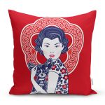 - Rh-K5819-Kirmizi-Zeminli-Kopek-Tutan-Hanim-Desenli-Modern-Kirlent-Kilifi - Realhomes Kırmızı Zeminli Köpek Tutan Hanım Desenli Modern Kırlent Kılıfı Realhomes