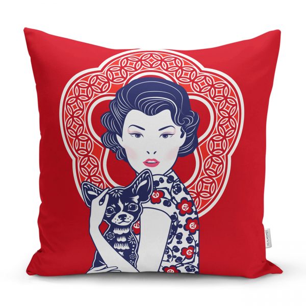 Ağaç Dal Motifli Japan Kız Motifli Dekoratif Kırlent Kılıfı Realhomes