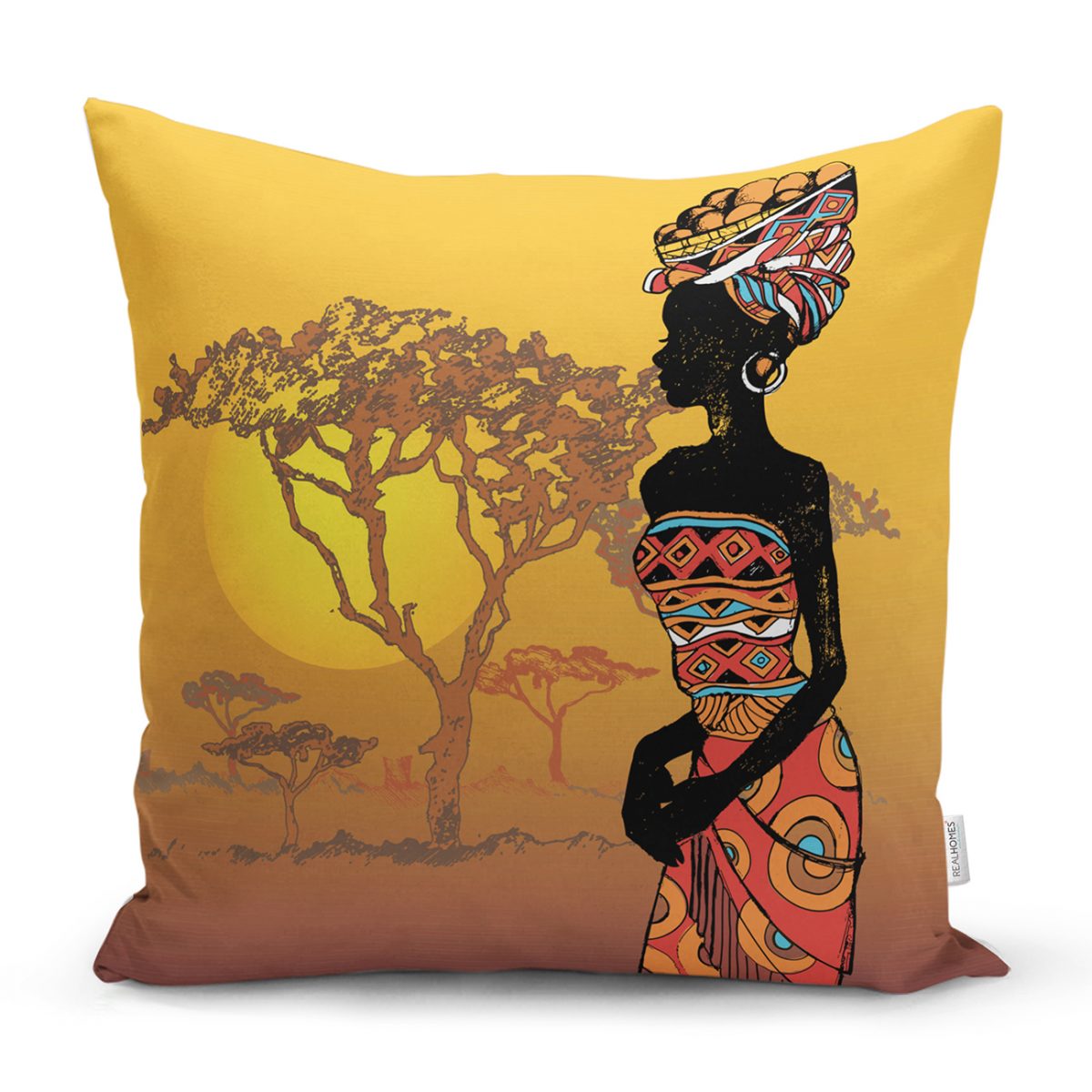 Güneşin Batışındaki Ağaç Zeminli Afrika Kadın Motifli Kırlent Kılıfı Realhomes