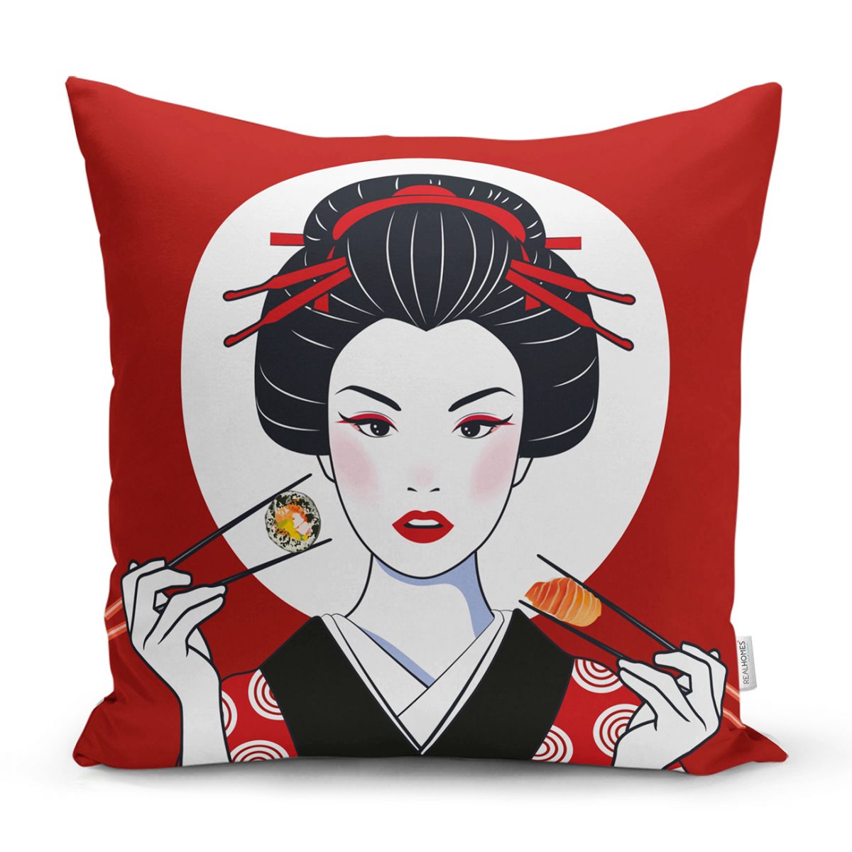 Suşi Yiyen Japon Kız Motifli Modern Yastık Kılıfı Realhomes