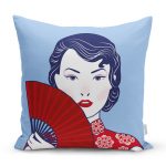 - Rh-K5855-Kirmizi-Yelpazeli-Mavi-Zeminli-Japon-Kadin-Modern-Yastik-Kilifi - Realhomes Kırmızı Yelpazeli Mavi Zeminli Japon Kadın Modern Yastık Kılıfı Realhomes