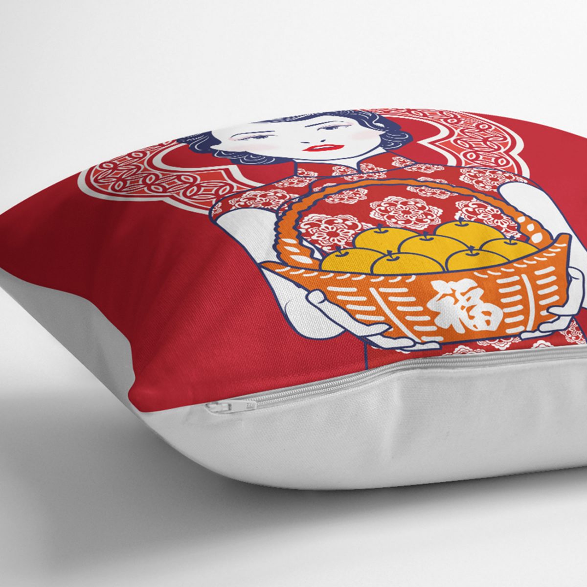 Meyve Sepetli Japon Kadın Desenli Modern Yastık Kılıfı Realhomes