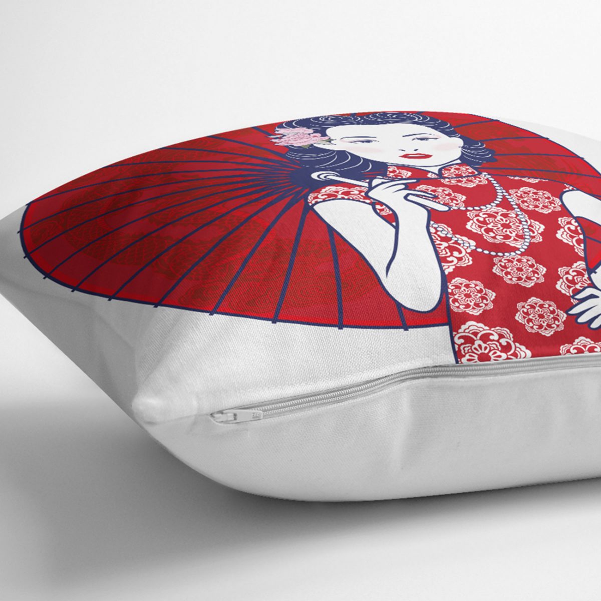 Sırtında Kırmızı Şemsiyeli Japon Kadın Motifli Kırlent Kılıfı Realhomes
