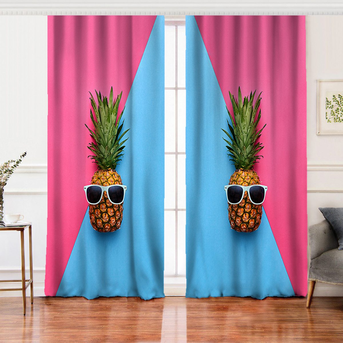 Mavi Pembe Ananas Desenli Modern Salon Fon Perde Realhomes