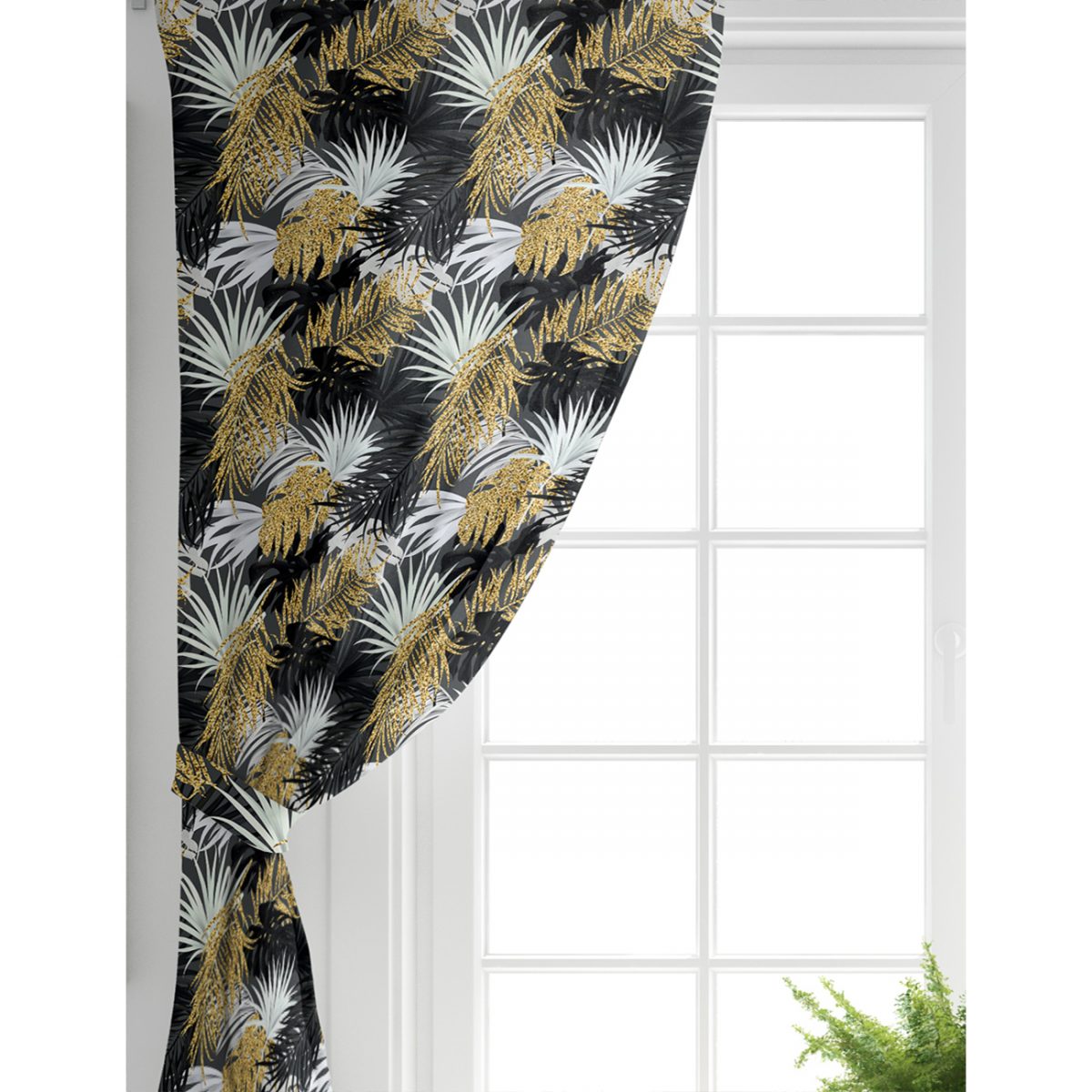 Siyah Zeminde Palmiye Yaprakları Özel Tasarım Salon Fon Perde Realhomes