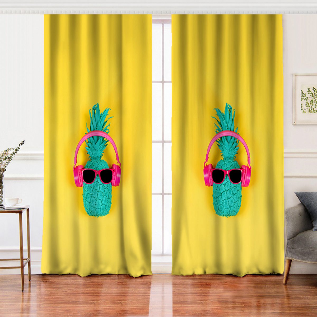Sarı Zeminli Ananas Detaylı Modern Salon Fon Perde Realhomes