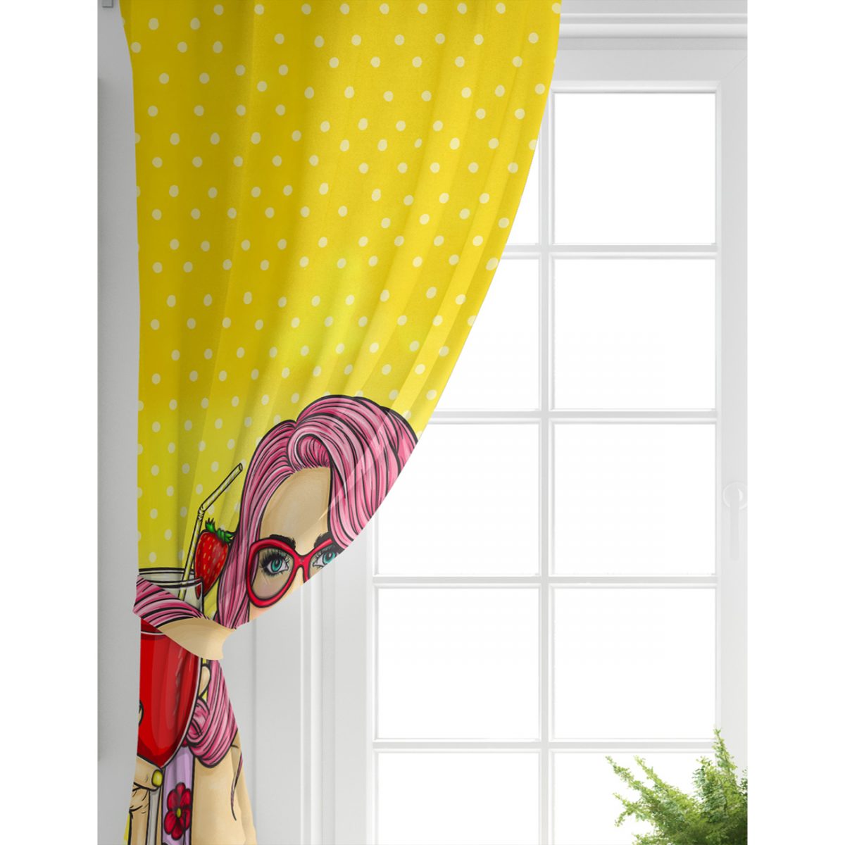 Sarı Zeminli Popart Girl Desenli Salon Fon Perde Realhomes