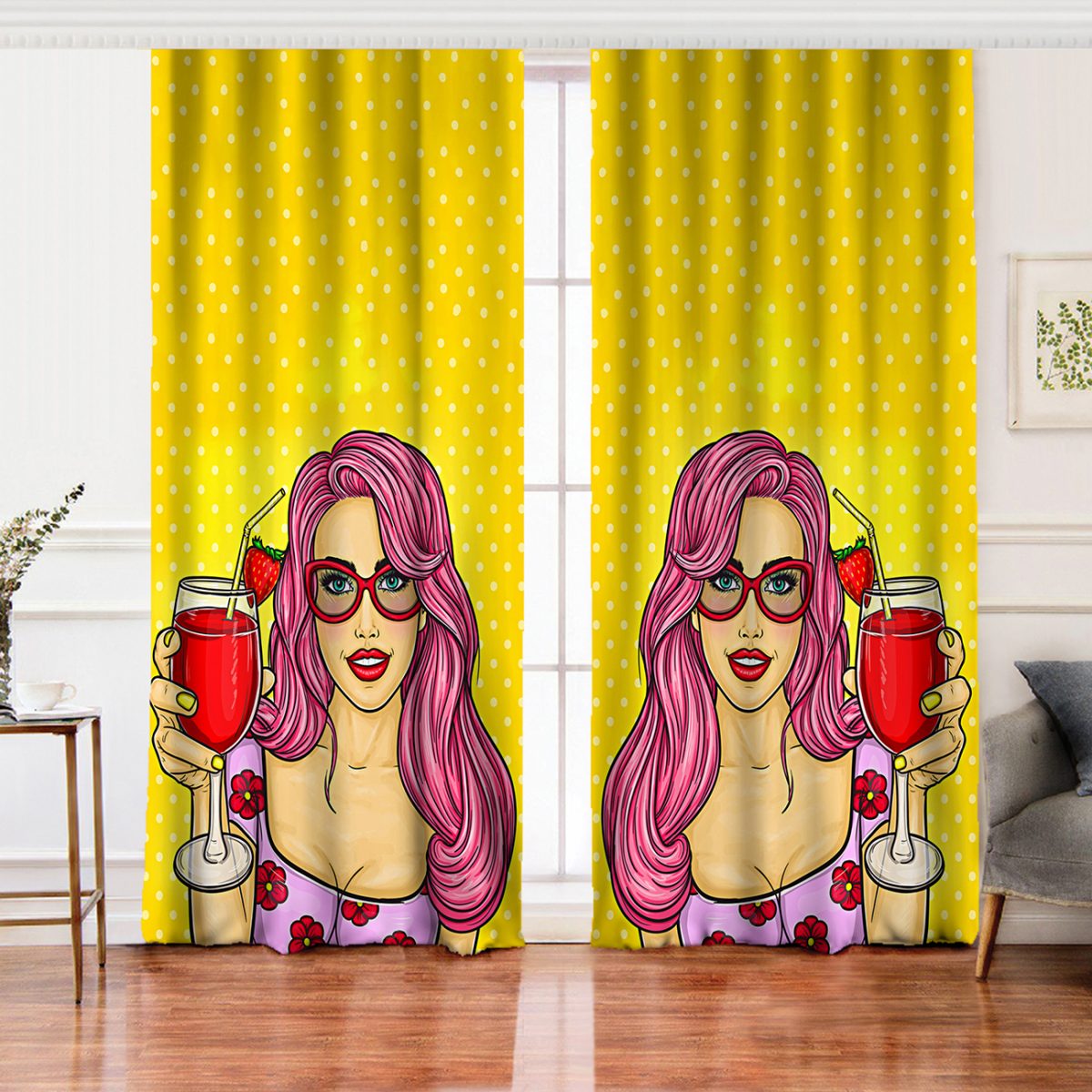 Sarı Zeminli Popart Girl Desenli Salon Fon Perde Realhomes