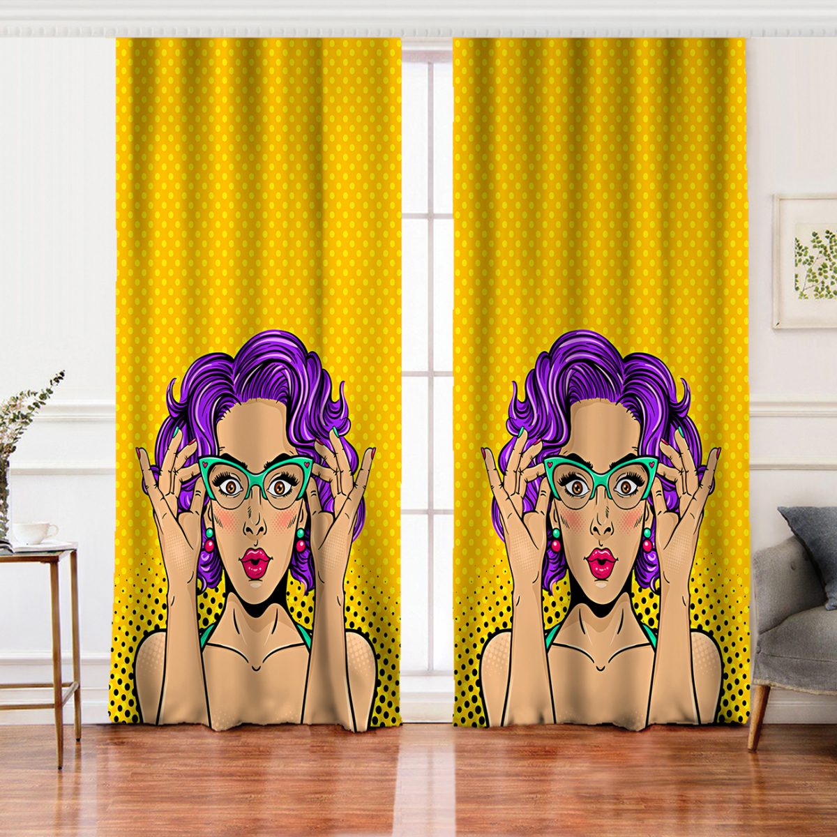 Sarı Puanlı Popart Desenli Salon Fon Perde Realhomes