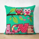 - Suet-K-13 - Realhomes  Çift Taraflı Baykuş Desenli Dijital Baskılı Dekoratif Süet Yastık Kırlent Kılıfı Realhomes