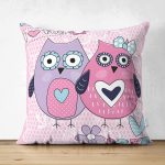 - Suet-K-134 - Realhomes Çift Taraflı Baykuş Resimli Dijital Baskılı Dekoratif Süet Yastık Kırlent Kılıfı Realhomes