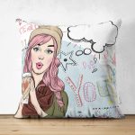 - Suet-K-162 - Realhomes  Çift Taraflı Pop Art Desenli Dijital Baskılı Modern Süet Yastık Kırlent Kılıfı Realhomes