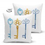 - Suet-K-2011-1 - Realhomes  Renkli Anahtar Desenli Çift Taraflı Dijital Baskılı Süet Yastık Kırlent Kılıfı Realhomes