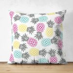 - Suet-K-2013 - Realhomes  Renkli Ananas Desenli Çift Taraflı Dijital Baskılı Süet Yastık Kırlent Kılıfı Realhomes