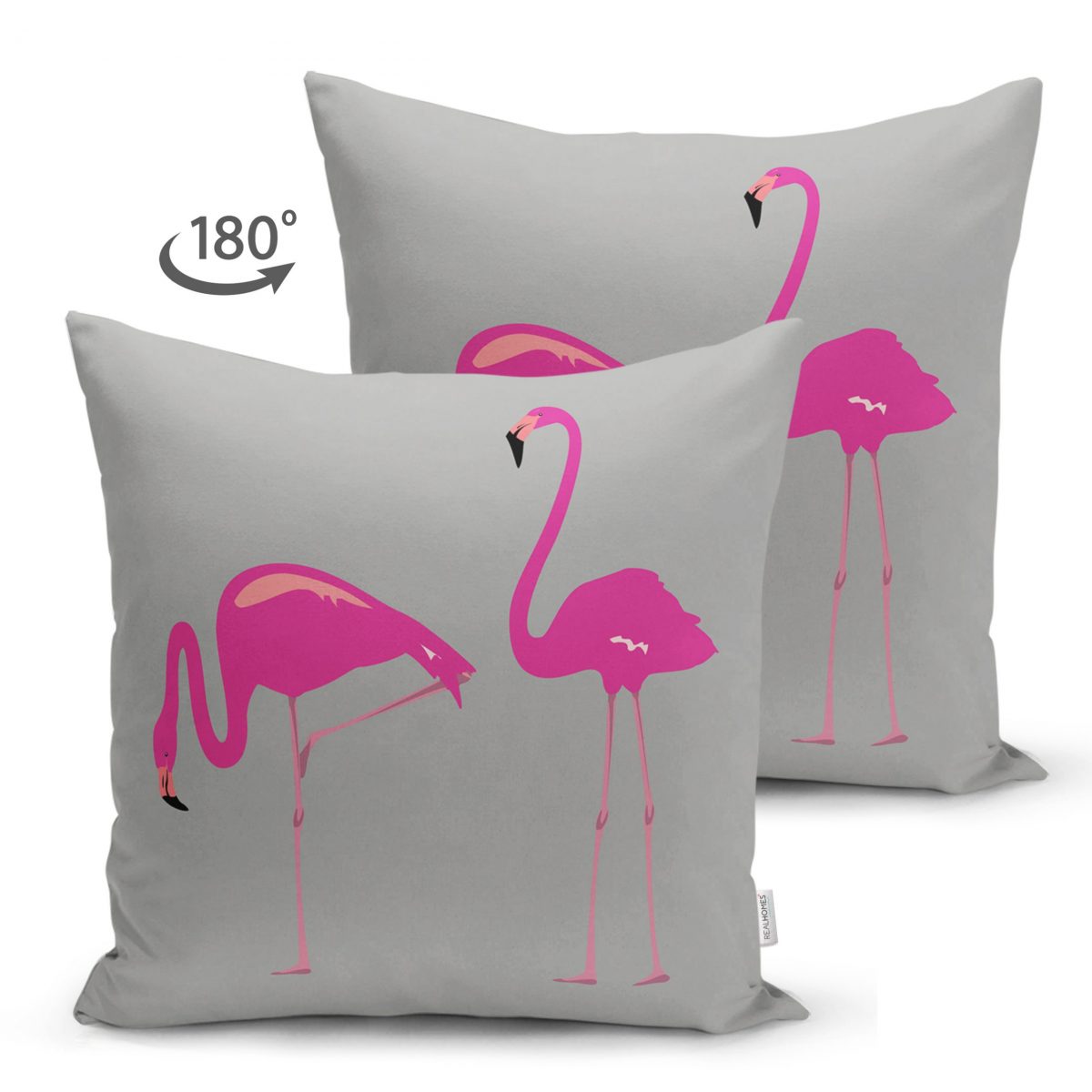Çift Taraflı Gri Zemin Flamingo Desenli Dijital Baskılı Süet Yastık Kırlent Kılıfı Realhomes