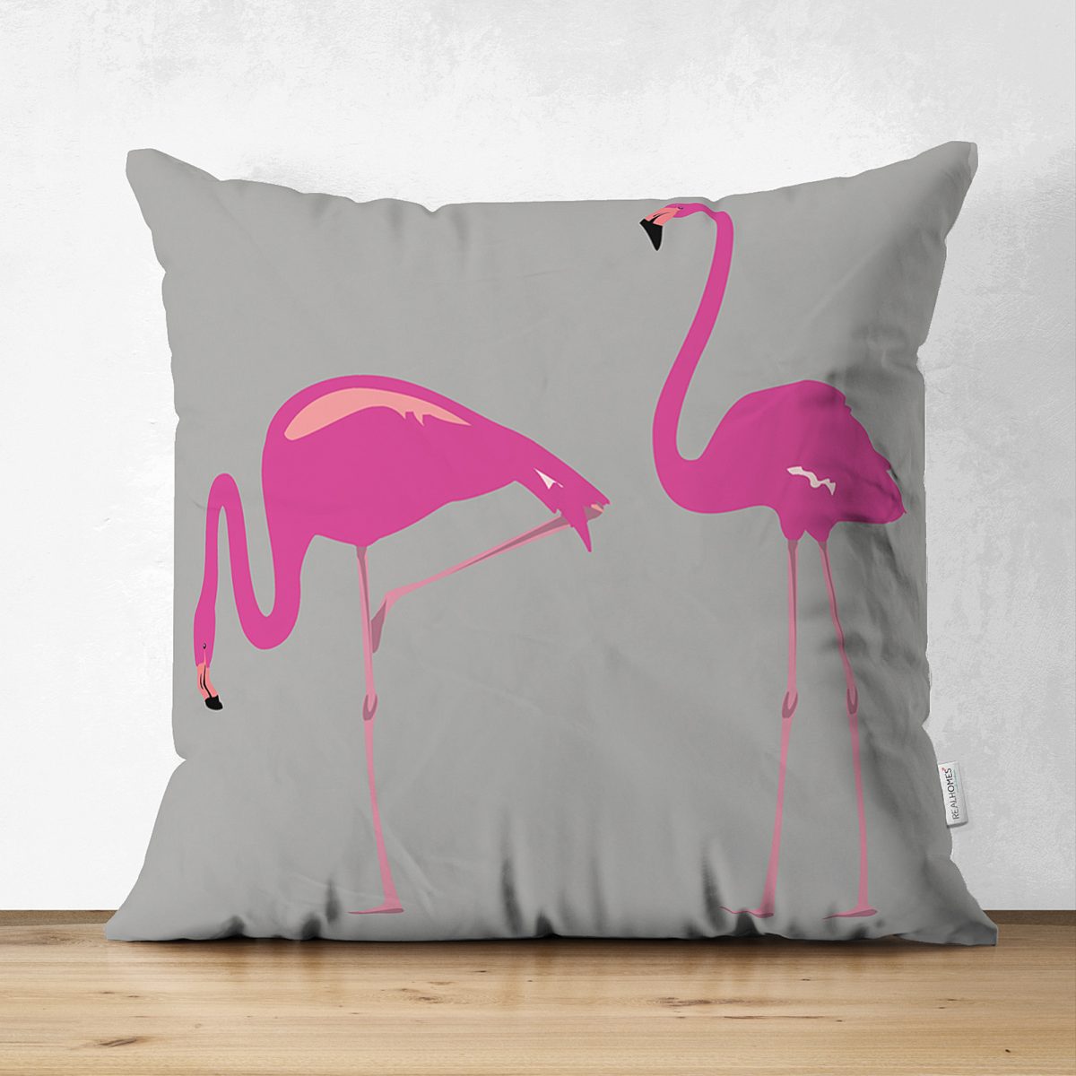 Çift Taraflı Gri Zemin Flamingo Desenli Dijital Baskılı Süet Yastık Kırlent Kılıfı Realhomes