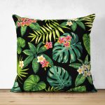 - Suet-K-2038 - Realhomes  Siyah Zemin Yapraklar Çift Taraflı Süet Yastık Kırlent Kılıfı Realhomes