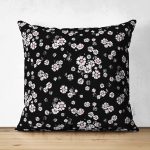 - Suet-K-2041 - Realhomes  Siyah Zeminde Beyaz Çiçekler Çift Taraflı Dijital Baskılı Süet Yastık Kırlent Kılıfı Realhomes