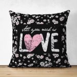 - Suet-K-2042 - Realhomes  Beyaz Çiçekler Love Desenli Çift Taraflı Süet Yastık Kırlent Kılıfı Realhomes