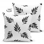 - Suet-K-2069-1 - Realhomes  Çift Taraflı Siyah Beyaz Yaprak Desenli Dekoratif Süet Yastık Kırlent Kılıfı Realhomes