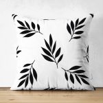 - Suet-K-2069 - Realhomes  Çift Taraflı Siyah Beyaz Yaprak Desenli Dekoratif Süet Yastık Kırlent Kılıfı Realhomes