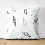 - Suet-K-2072 - Realhomes  Beyaz Temalı Yaprak Desenli Çift Taraflı Dijital Baskılı Modern Süet Yastık Kılıfı Realhomes
