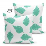 - Suet-K-2073-1 - Realhomes  Çift Taraflı Beyaz Temalı Mint Yeşili Yaprak Motifli Dekoratif Süet Yastık Kılıfı Realhomes