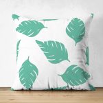 - Suet-K-2073 - Realhomes  Çift Taraflı Beyaz Temalı Mint Yeşili Yaprak Motifli Dekoratif Süet Yastık Kılıfı Realhomes