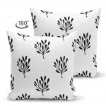 - Suet-K-2074-1 - Realhomes  Çift Taraflı Siyah Beyaz Yaprak Motifli Dekoratif Süet Yastık Kırlent Kılıfı Realhomes