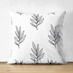 - Suet-K-2076 - Realhomes  Beyaz Temalı Yaprak Çizimi Motifli Çift Taraflı Dijital Baskılı Süet Kırlent Kılıfı Realhomes