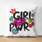 - Suet-K-2085 - Realhomes  Dudak Dijital Baskılı Girl Power Çift Taraflı Süet Yastık Kırlent Kılıfı Realhomes