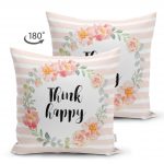 - Suet-K-2086-1 - Realhomes  Çift Taraflı Çiçek Motifli Think Happy Dijital Baskılı Süet Yastık Kırlent Kılıfı Realhomes