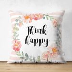 - Suet-K-2086 - Realhomes  Çift Taraflı Çiçek Motifli Think Happy Dijital Baskılı Süet Yastık Kırlent Kılıfı Realhomes