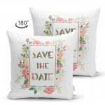 - Suet-K-2097-1 - Realhomes  Çift Taraflı Save The Date Çiçek Desenli Dijital Baskılı Dekoratif Süet Yastık Kılıfı Realhomes