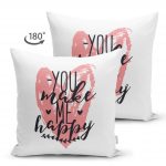 - Suet-K-2100-1 - Realhomes  Çift Taraflı You Make Me Happy Kalp Yazılı Dijital Baskılı Dekoratif Süet Yastık Kılıfı Realhomes