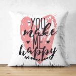 - Suet-K-2100 - Realhomes  Çift Taraflı You Make Me Happy Kalp Yazılı Dijital Baskılı Dekoratif Süet Yastık Kılıfı Realhomes