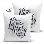 - Suet-K-2104-1 - Realhomes Çift Taraflı Love Story Yazı Desenli Dijital Baskılı Dekoratif Süet Yastık Kılıfı Realhomes