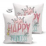 - Suet-K-2108-1 - Realhomes  Çift Taraflı Happy Princess Yazı Desenli Dijital Baskılı Modern Süet Kırlent Kılıfı Realhomes