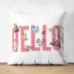 - Suet-K-2110 - Realhomes  Çift Taraflı Özel Tasarım Hello Yazı Desenli Dijital Baskılı Süet Kırlent Kılıfı Realhomes