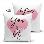 - Suet-K-2130-1 - Realhomes  Çift Taraflı You & Me Kalp Yazılı Dijital Baskılı Dekoratif Süet Yastık Kırlent Kılıfı Realhomes