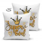 - Suet-K-2138-1 - Realhomes  Çift Taraflı Süper Girl Yazı Desenli Dijital Baskılı Modern Süet Kırlent Kılıfı Realhomes