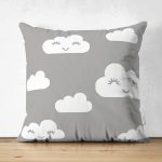 - Suet-K-2140 - Realhomes  Çift Taraflı Gri Zeminli Bulut Motifli Dijital Baskılı Dekoratif Süet Kırlent Kılıfı Realhomes