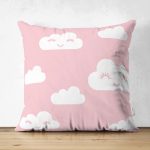 - Suet-K-2141 - Realhomes  Çift Taraflı Pembe Zeminli Bulut Desenli Dijital Baskılı Süet Kırlent Kılıfı Realhomes