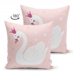 - Suet-K-2143-1 - Realhomes Çift Taraflı Pembe Zeminli Kuğu Desenli Dijital Baskılı Süet Yastık Kılıfı Realhomes