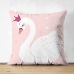 - Suet-K-2143 - Realhomes Çift Taraflı Pembe Zeminli Kuğu Desenli Dijital Baskılı Süet Yastık Kılıfı Realhomes