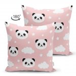 Çift Taraflı Pembe Zeminli Panda Resimli Dijital Baskılı Süet Kırlent Kılıfı Realhomes