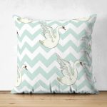 - Suet-K-2145 - Realhomes  Çift Taraflı Zigzag Zeminli Kuğu Desenli Dijital Baskılı Modern Süet Yastık Kılıfı Realhomes