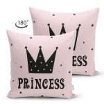 - Suet-K-2148-1 - Realhomes Çift Taraflı Pembe Zeminli Princess Yazılı Dijital Baskılı Süet Kırlent Kılıfı Realhomes