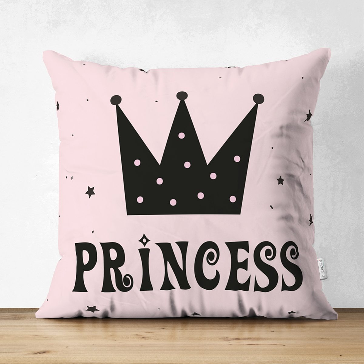 Çift Taraflı Pembe Zeminli Princess Yazılı Dijital Baskılı Süet Kırlent Kılıfı Realhomes