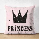 - Suet-K-2148 - Realhomes Çift Taraflı Pembe Zeminli Princess Yazılı Dijital Baskılı Süet Kırlent Kılıfı Realhomes